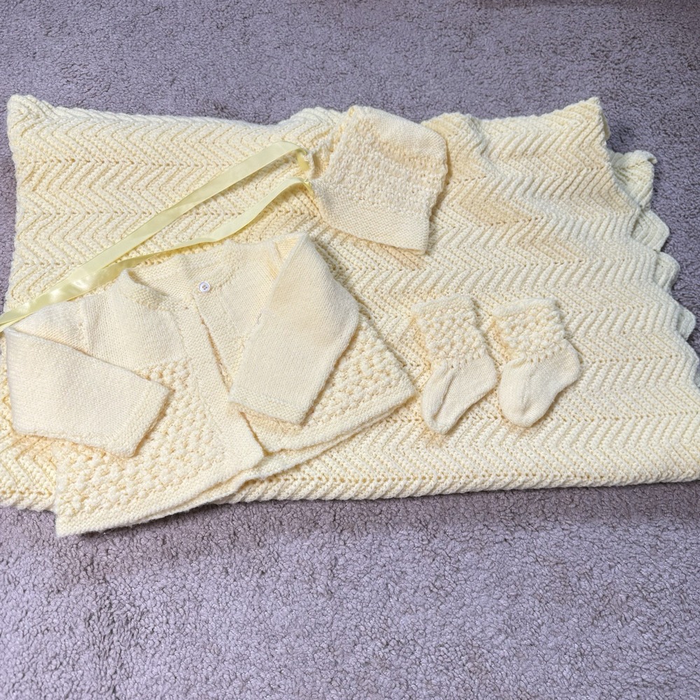 Handmade Primitive Baby Blanket Hat Sweater Booties Set Butter Yellow Newborn